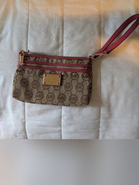 Michael Kors Tan Signature Canvas Wristlet with Pink Trim